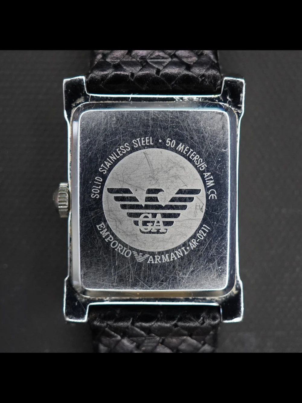 Emporio Armani AR-0211 Men's Tank Silver Dial Quartz Watch Black Leather